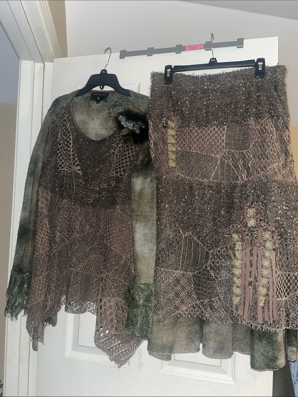 Love The Queen-Textured Brown Patchwork Top And Midi Skirt